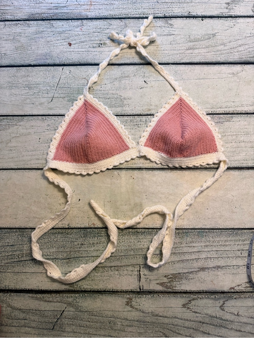 Crochet knitted mauve cream string bikini top. M/L